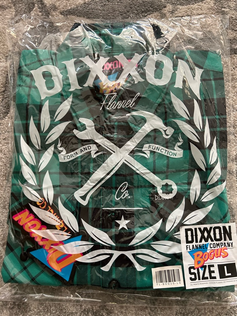 DIXXON Green and Black Plaid Flannel Shirt with White Screenprint Logo